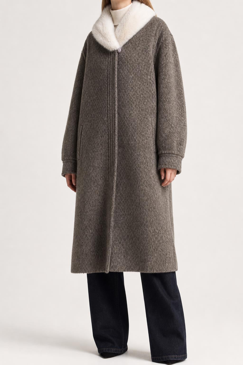 Cappotto lungo marrone con collo in pelliccia vintage – Donna Taglia L