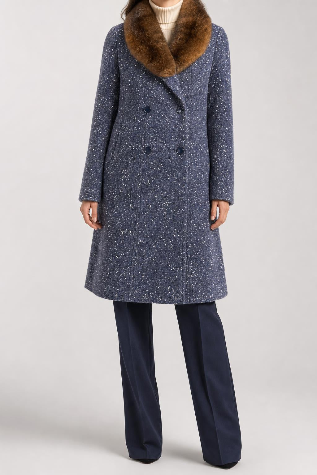 Cappotto blu mélange con collo in pelliccia vintage – Donna Taglia M