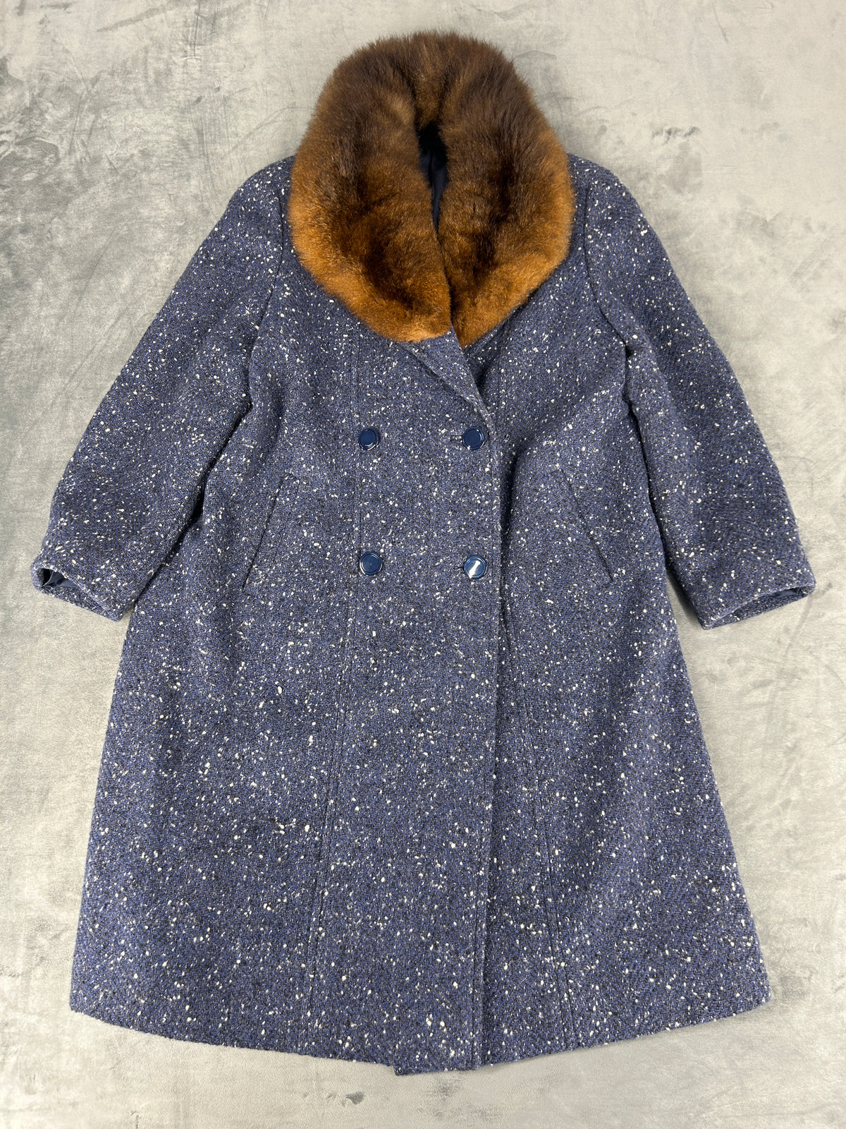 Cappotto blu mélange con collo in pelliccia vintage – Donna Taglia M