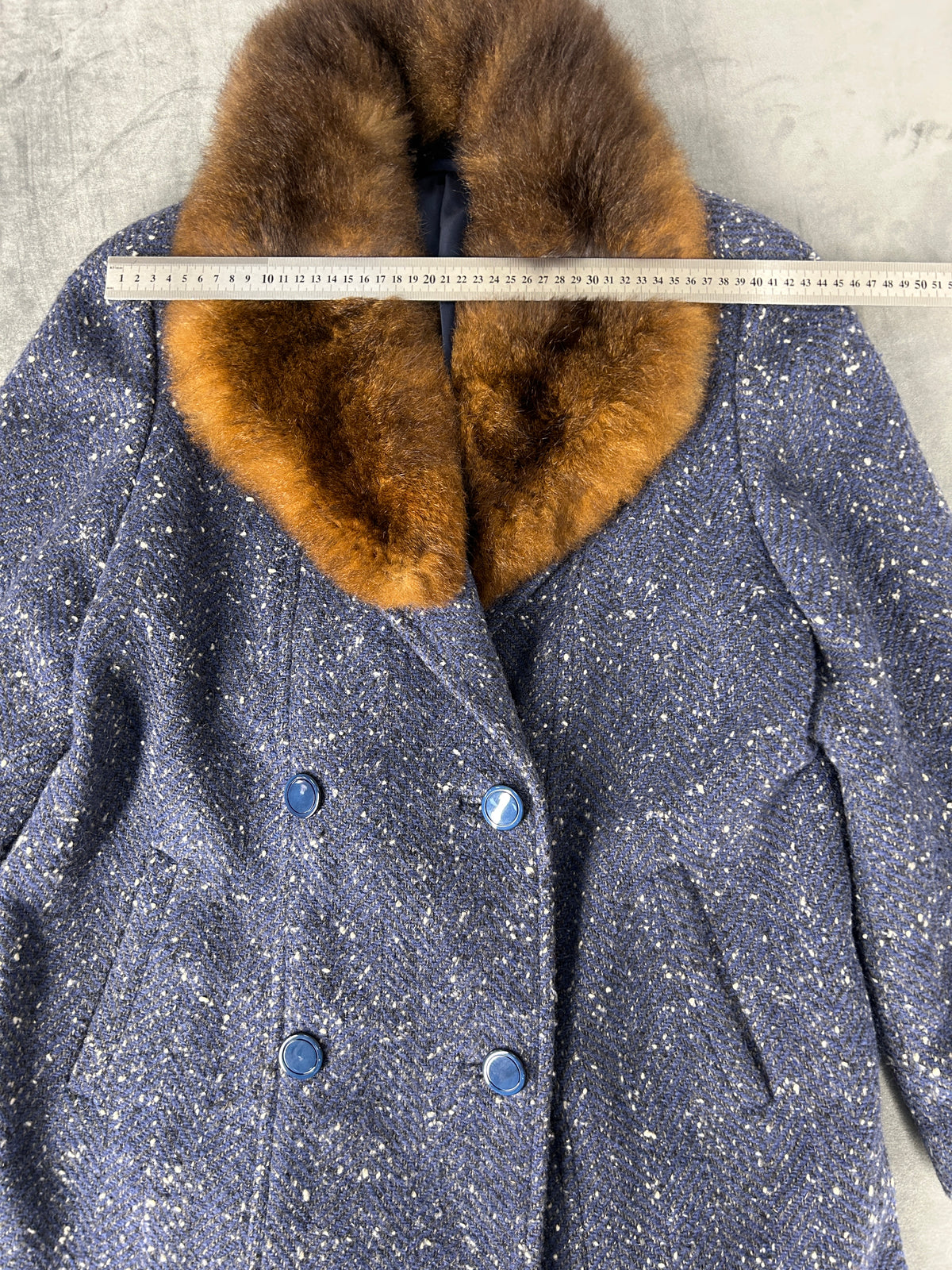 Cappotto blu mélange con collo in pelliccia vintage – Donna Taglia M