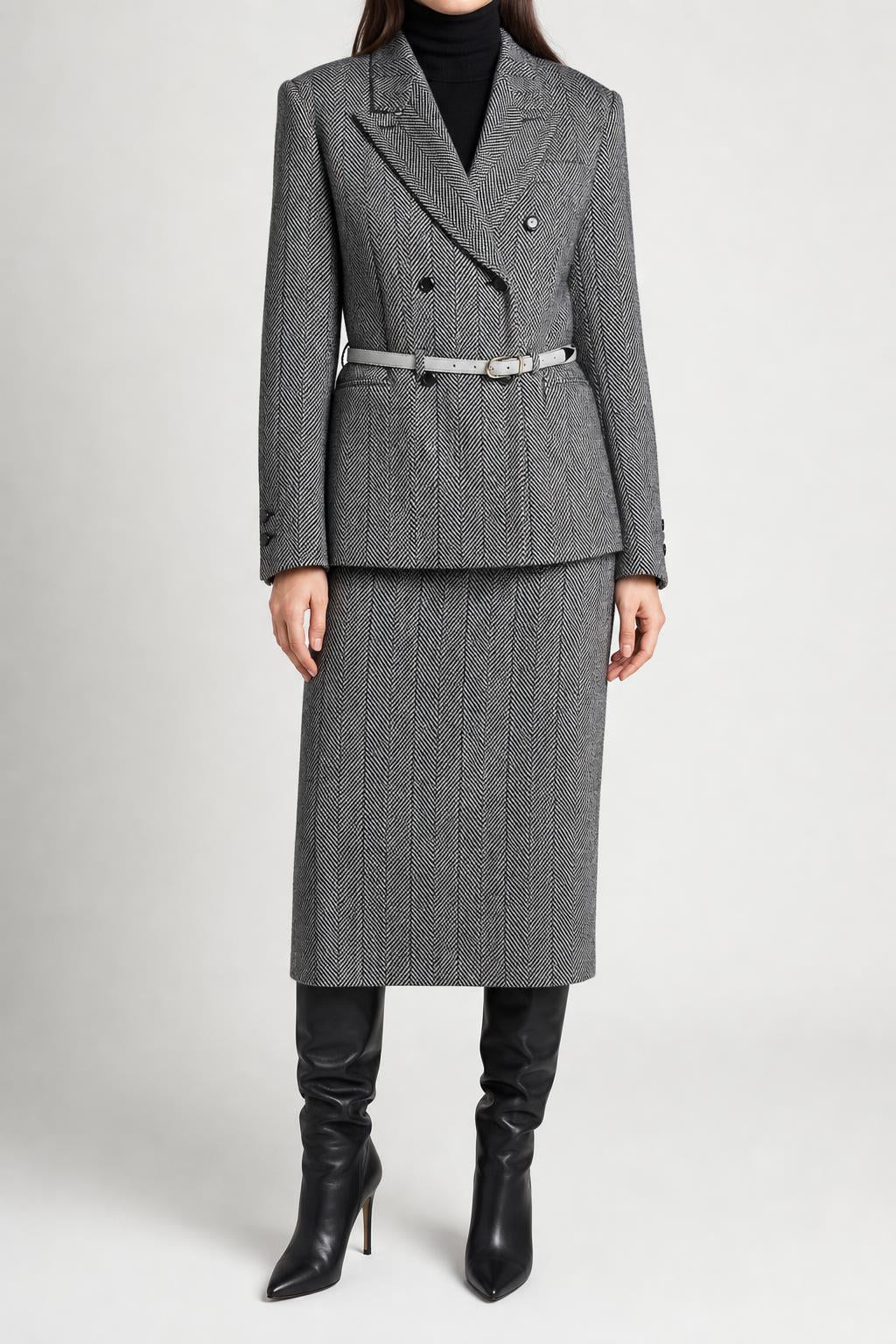 Tailleur completo giacca e gonna spinato grigio flickaktuell vintage – Donna Taglia M (IT 44)