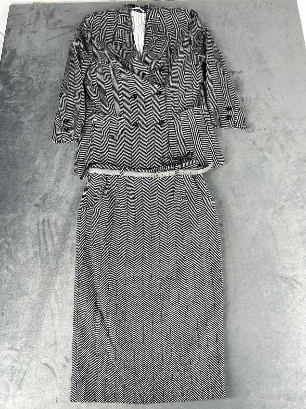 Tailleur completo giacca e gonna spinato grigio flickaktuell vintage – Donna Taglia M (IT 44)