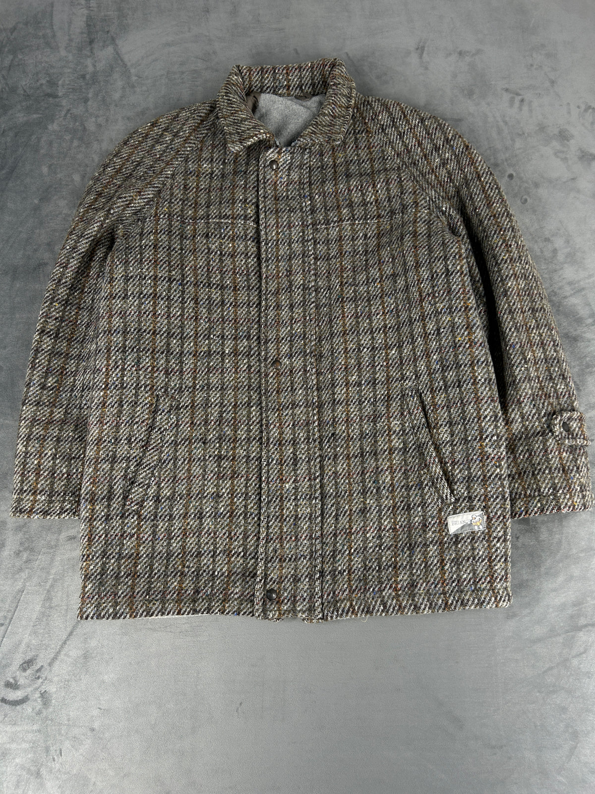 Cappotto in tweed a quadri grigio e marrone vintage – Uomo Taglia L