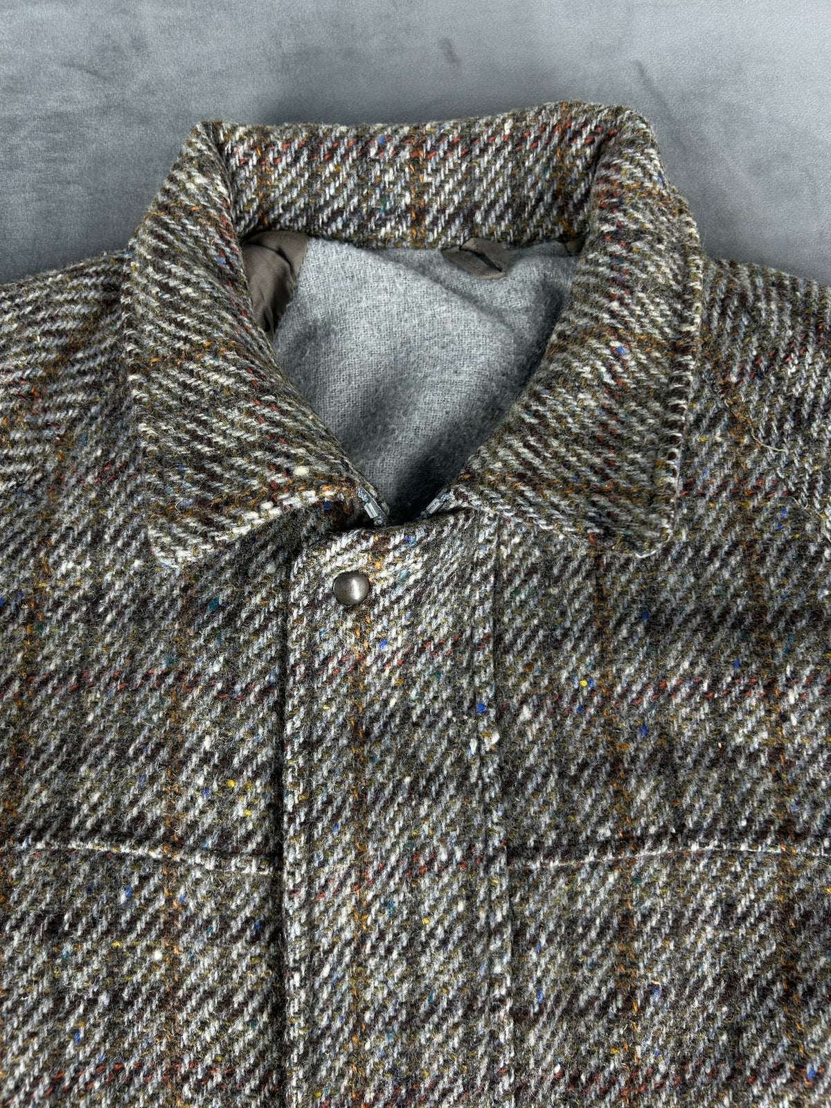 Cappotto in tweed a quadri grigio e marrone vintage – Uomo Taglia L