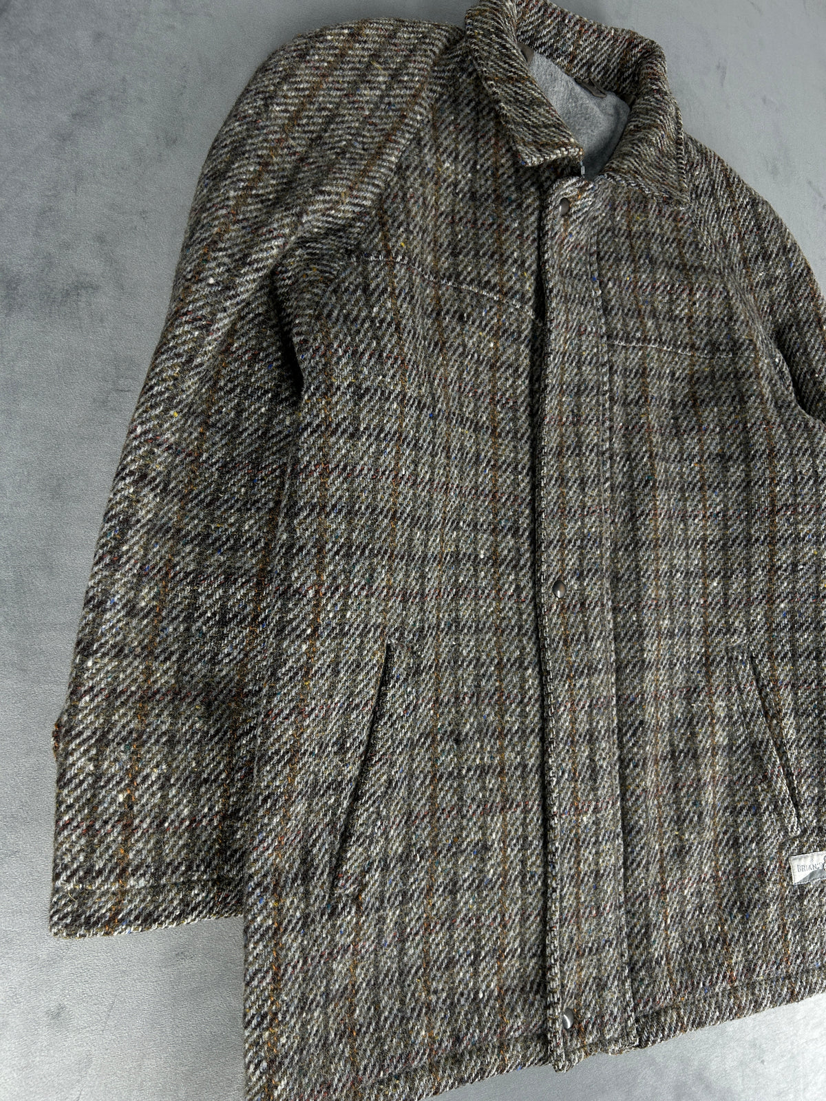 Cappotto in tweed a quadri grigio e marrone vintage – Uomo Taglia L