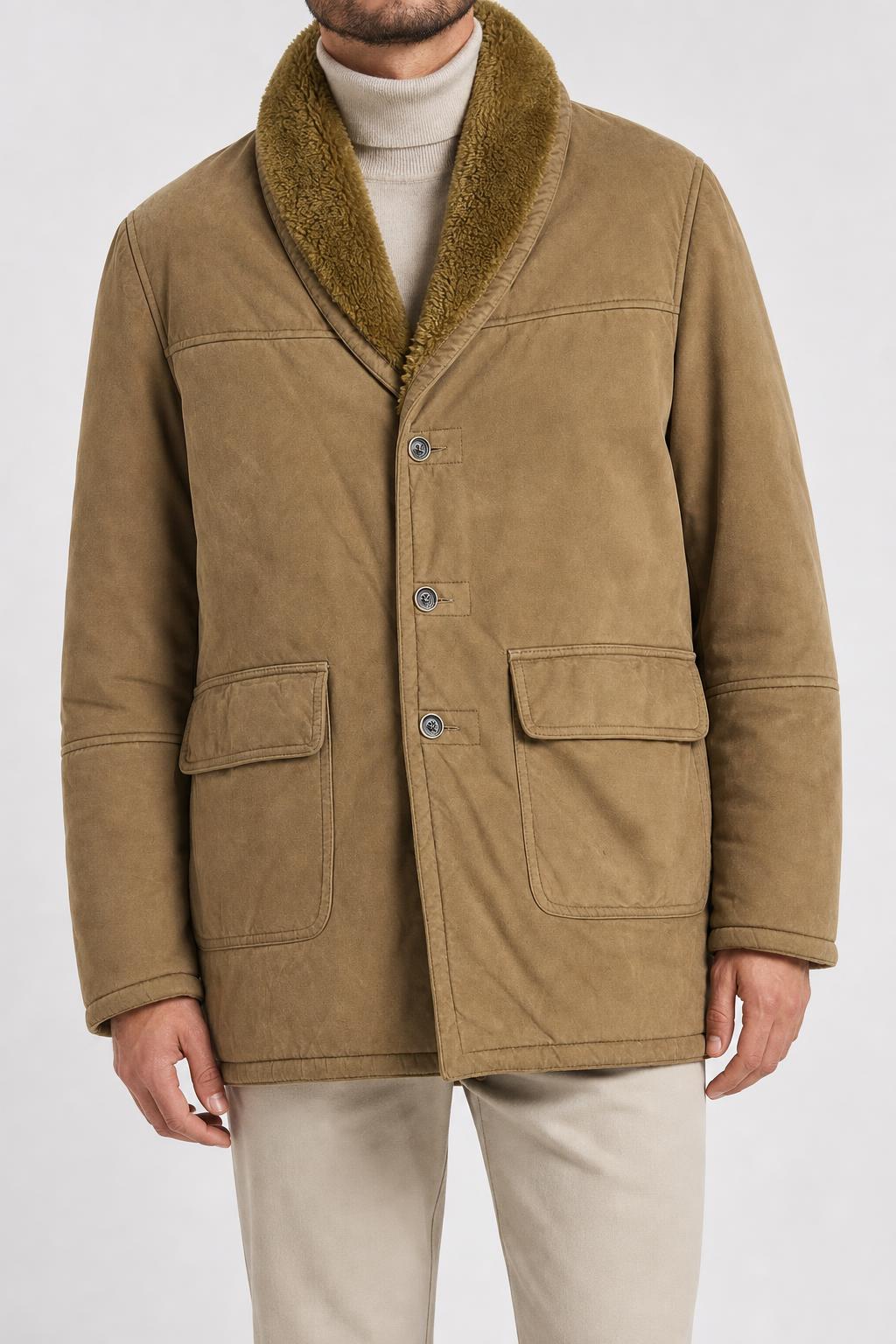 Giaccone in camoscio sintetico cammello con montone vintage – Uomo Taglia L