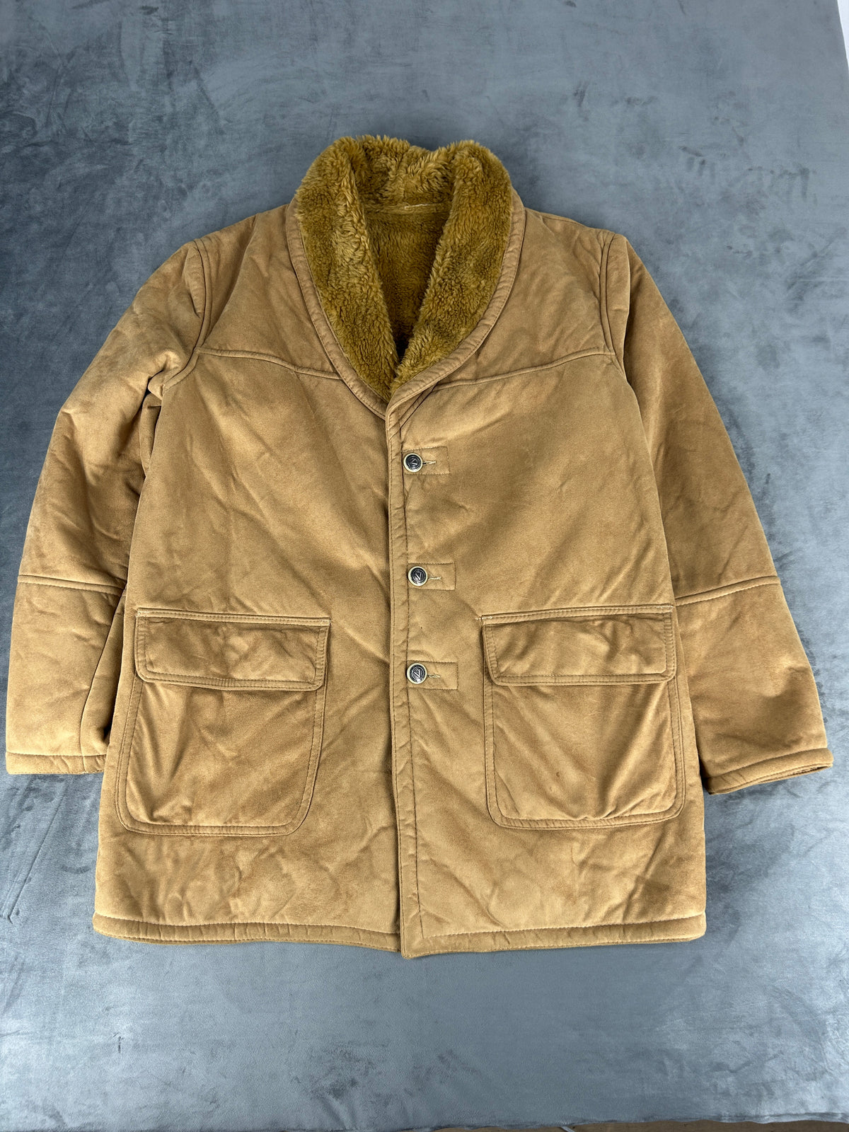 Giaccone in camoscio sintetico cammello con montone vintage – Uomo Taglia L