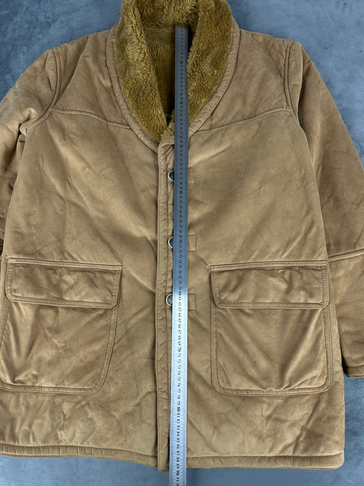 Giaccone in camoscio sintetico cammello con montone vintage – Uomo Taglia L