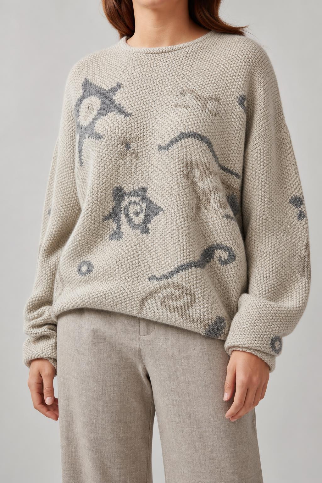 Maglione oversize beige a fantasia jacquard vintage – Donna Taglia L