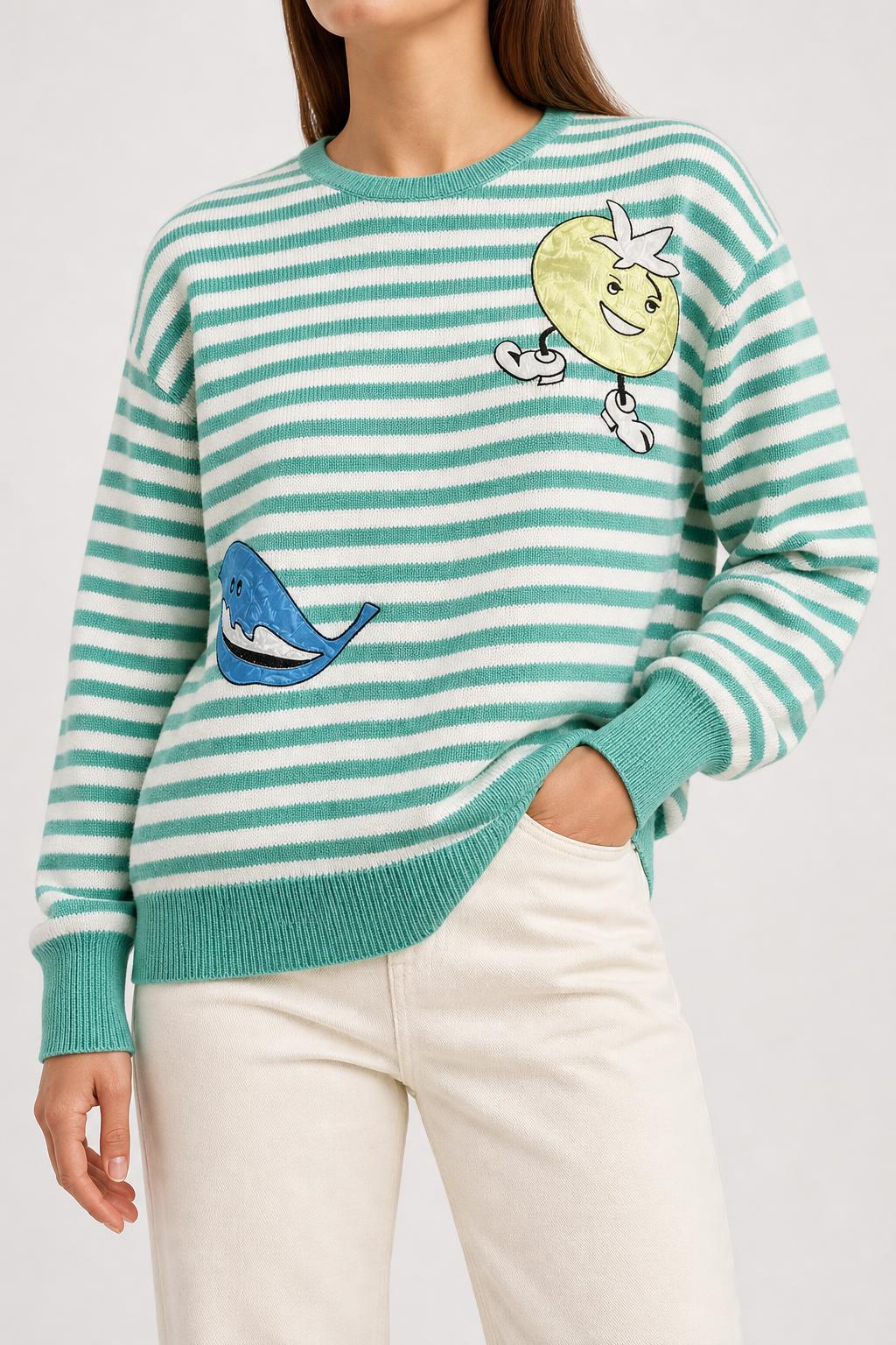 Maglione a righe verde e bianco con applicazioni vintage – Donna Taglia M