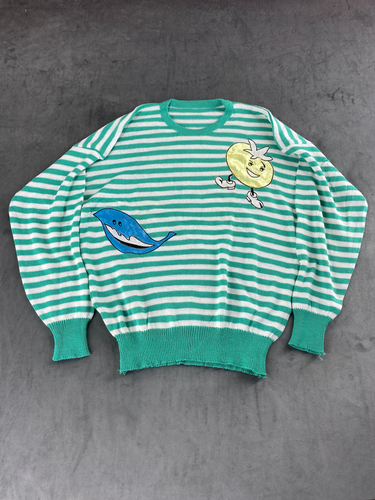Maglione a righe verde e bianco con applicazioni vintage – Donna Taglia M
