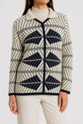 Cardigan jacquard geometrico panna e blu vintage – Donna Taglia M