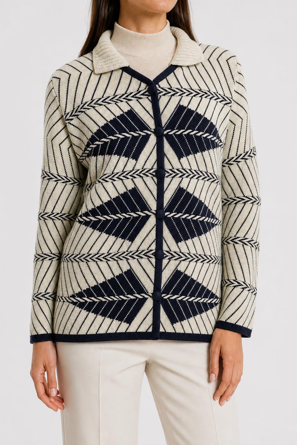 Cardigan jacquard geometrico panna e blu vintage – Donna Taglia M