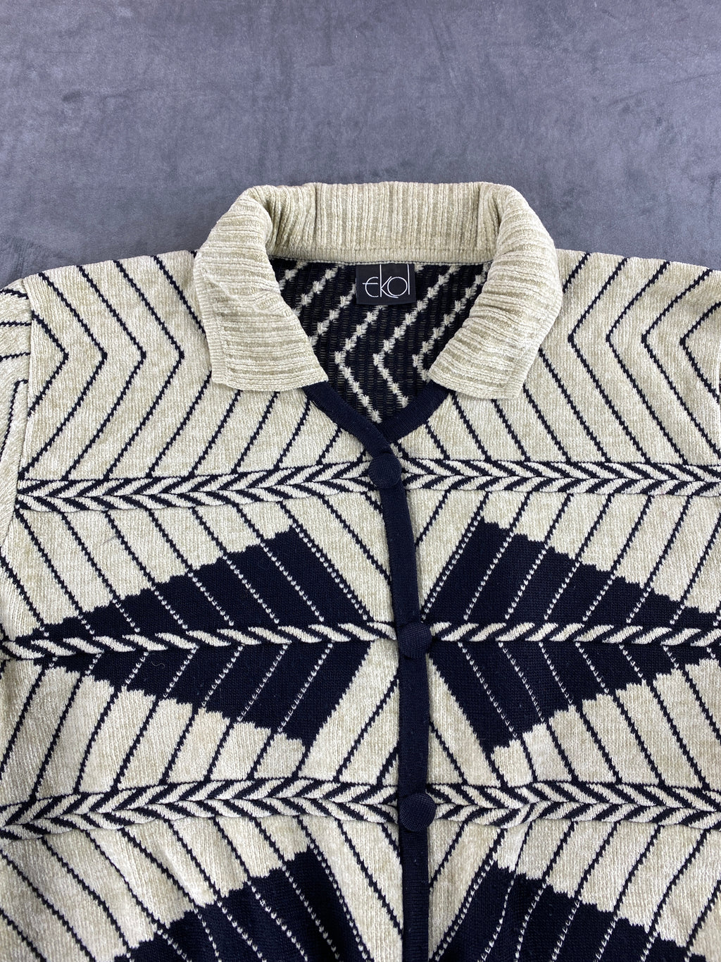 Cardigan jacquard geometrico panna e blu vintage – Donna Taglia M