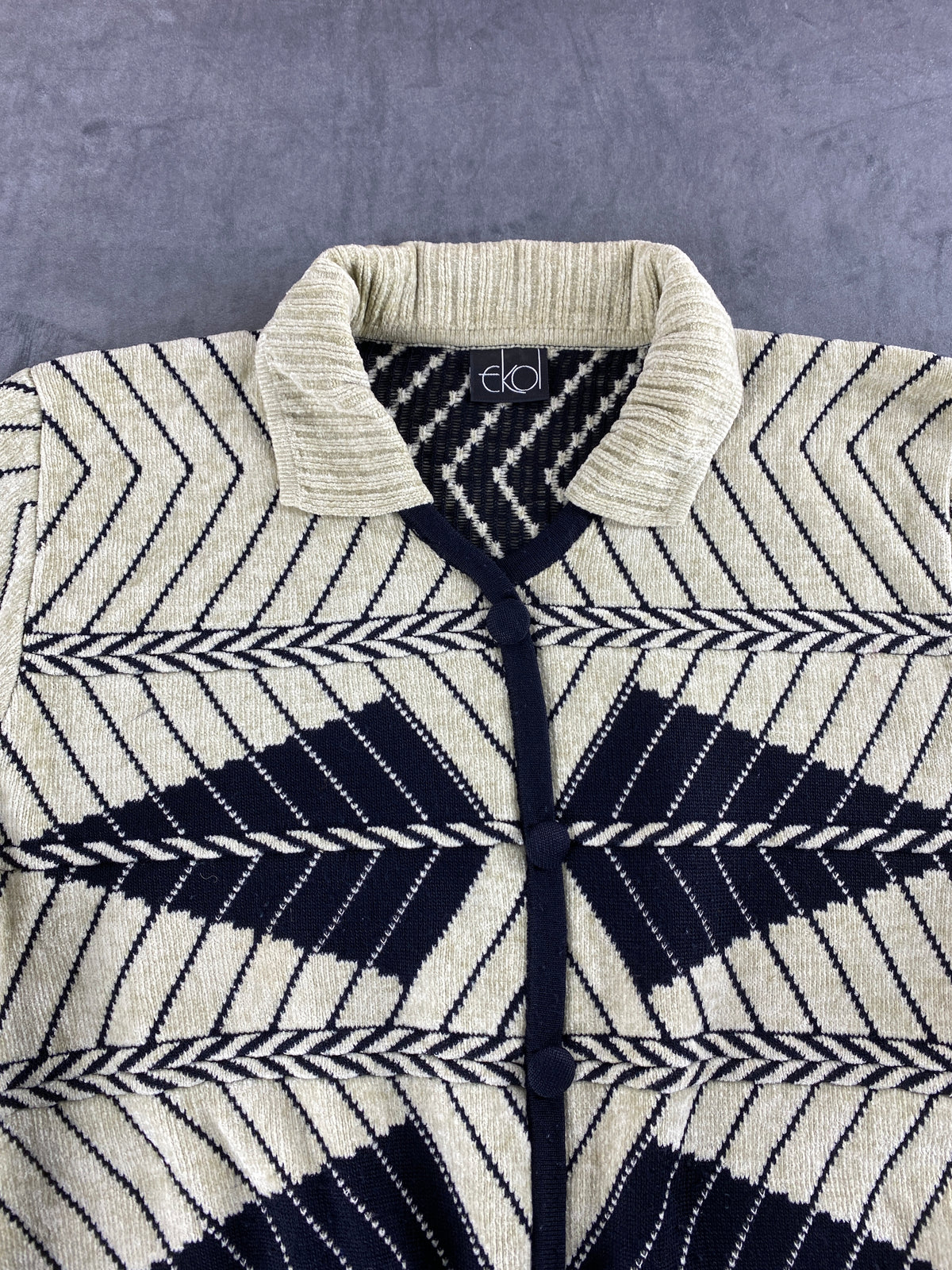 Cardigan jacquard geometrico panna e blu vintage – Donna Taglia M