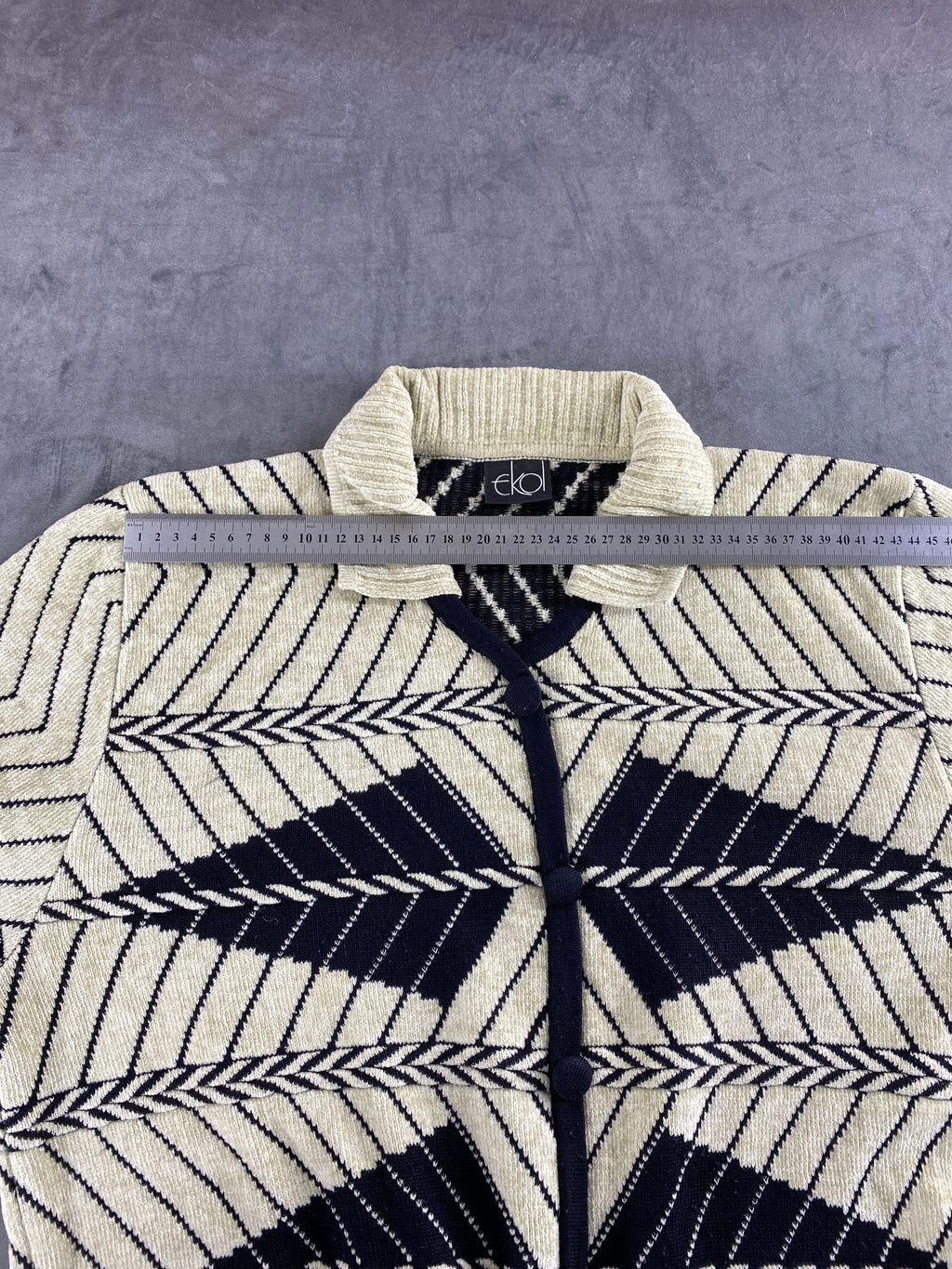 Cardigan jacquard geometrico panna e blu vintage – Donna Taglia M