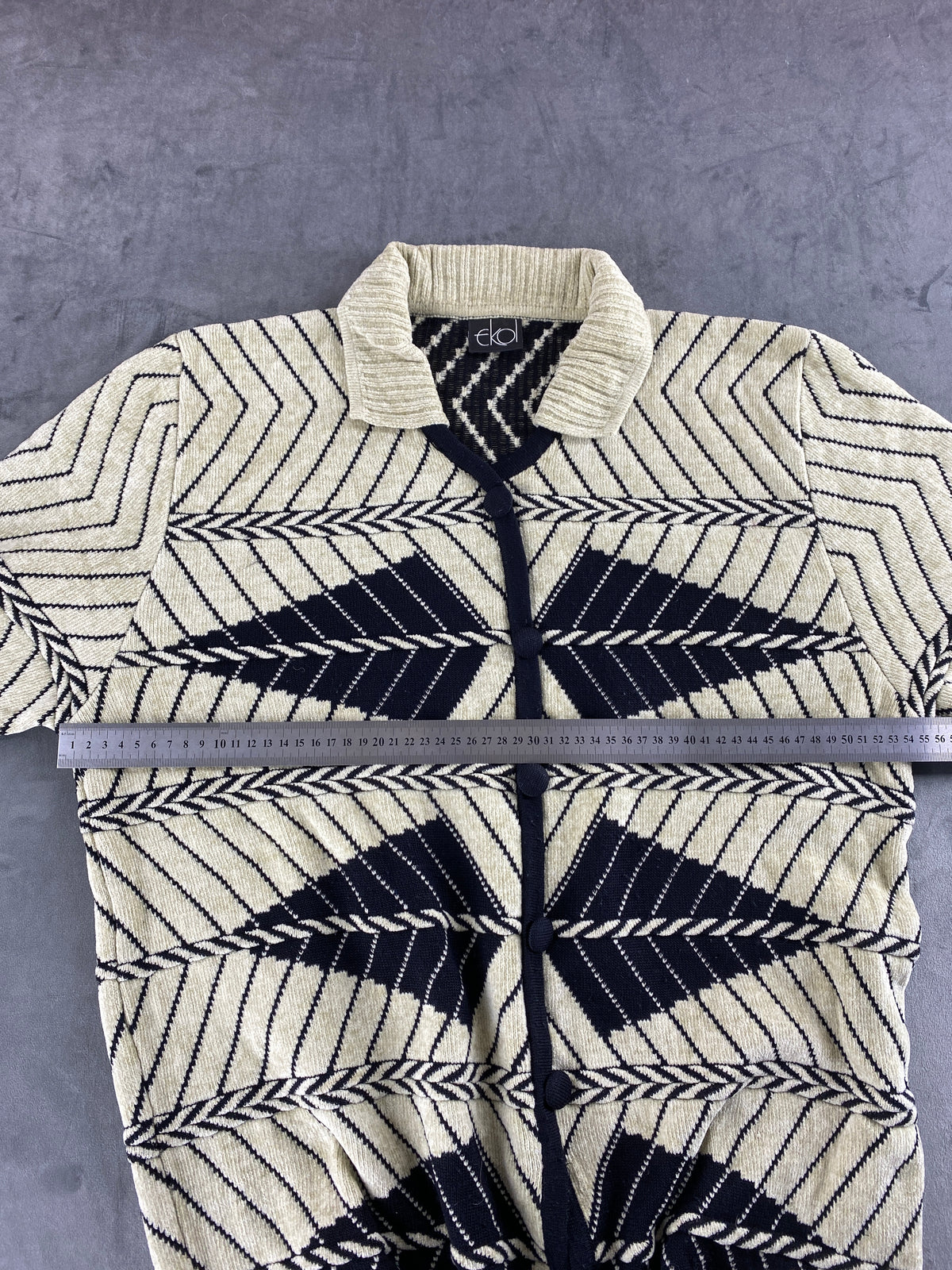 Cardigan jacquard geometrico panna e blu vintage – Donna Taglia M