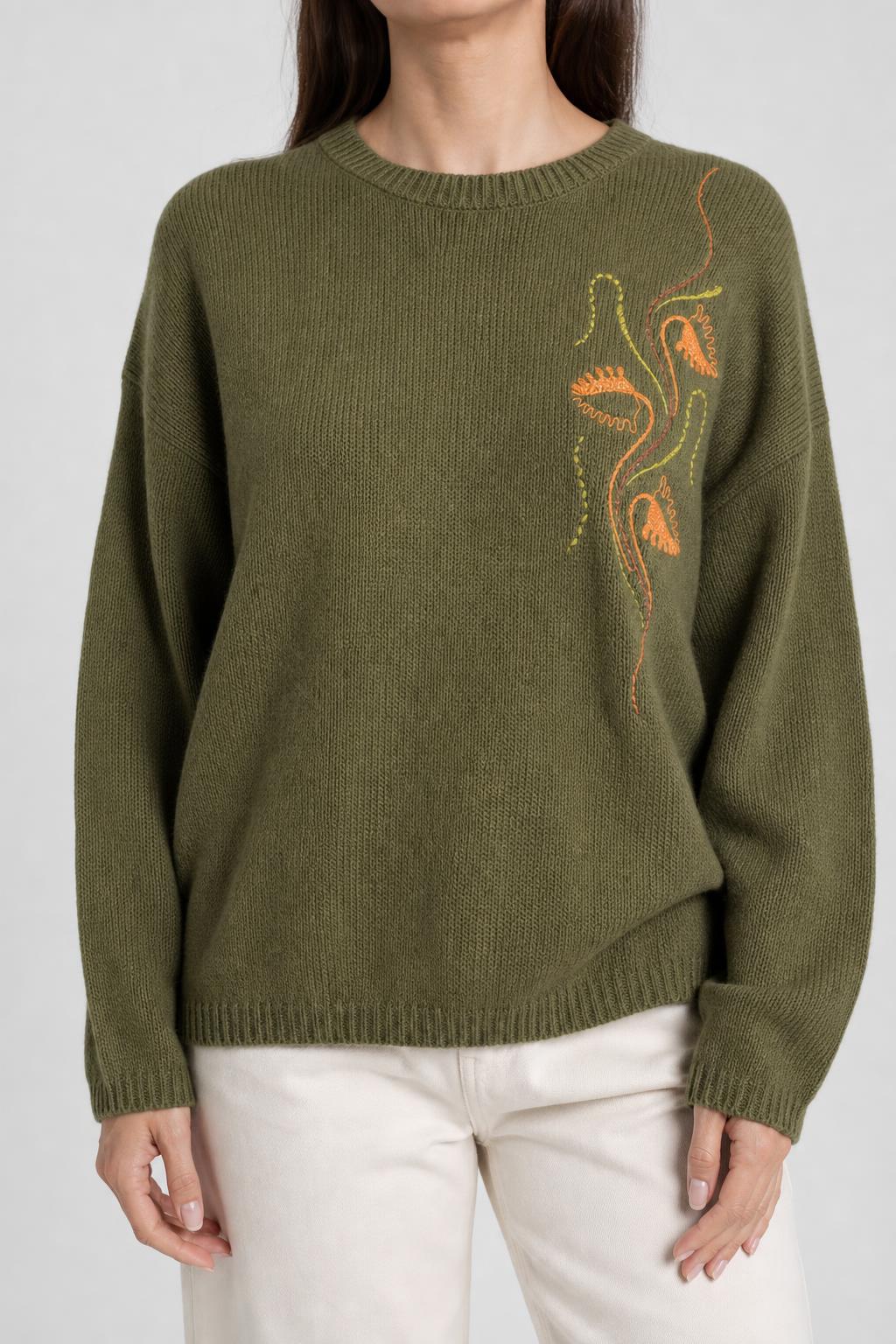 Maglione verde militare con ricamo floreale vintage – Donna Taglia M