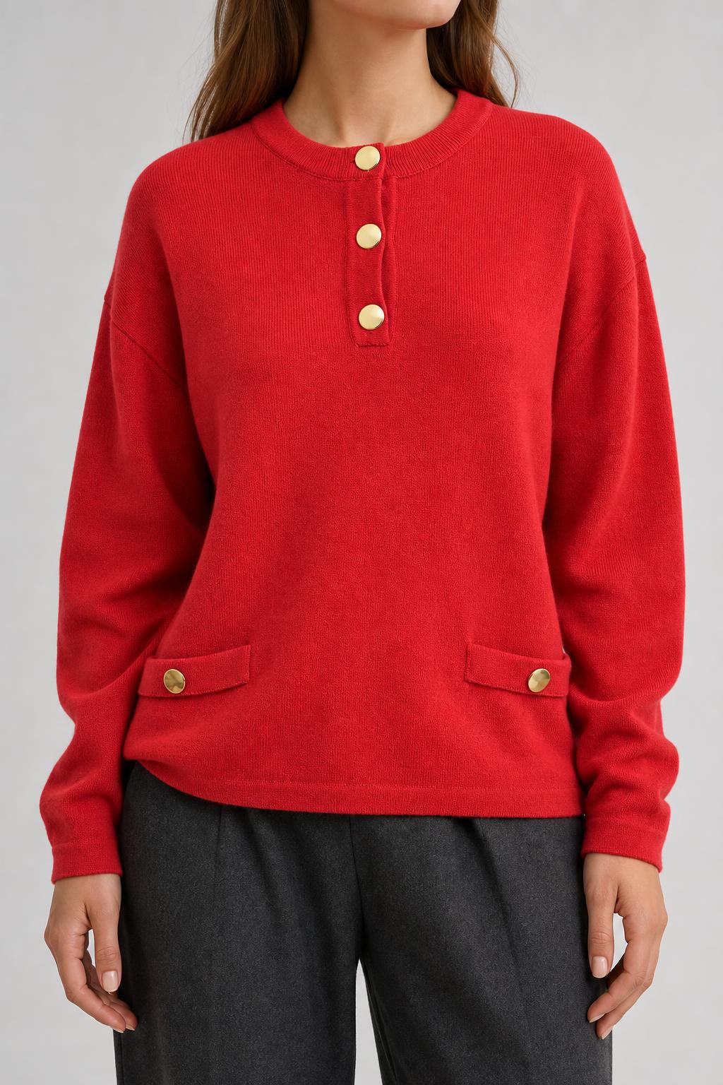 Maglione rosso con bottoni gioiello e tasche vintage – Donna Taglia L (IT 46)