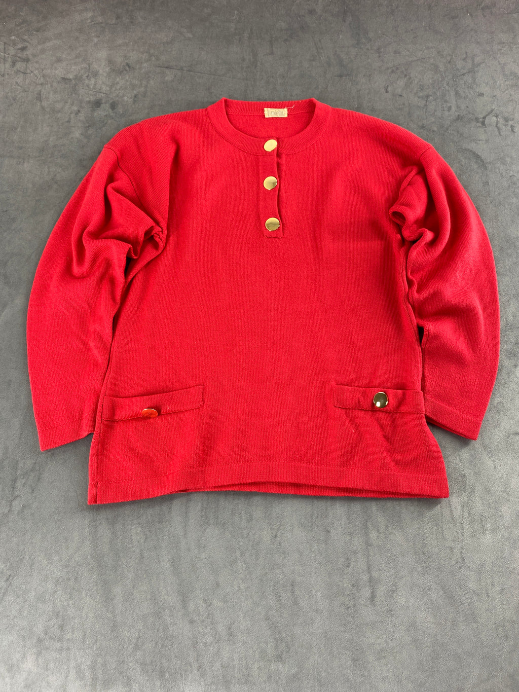 Maglione rosso con bottoni gioiello e tasche vintage – Donna Taglia L (IT 46)