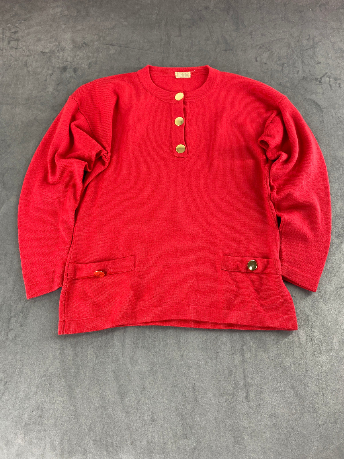 Maglione rosso con bottoni gioiello e tasche vintage – Donna Taglia L (IT 46)