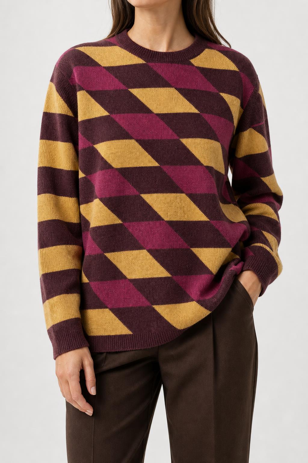 Maglione jacquard geometrico bordeaux e senape Scandinavia vintage – Donna Taglia M