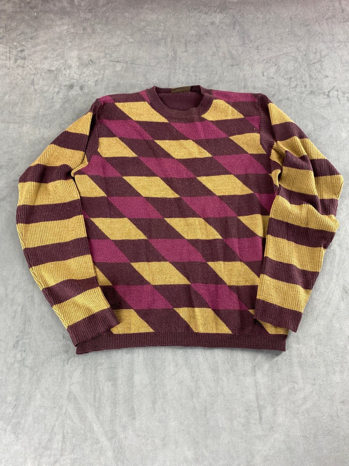 Maglione jacquard geometrico bordeaux e senape Scandinavia vintage – Donna Taglia M