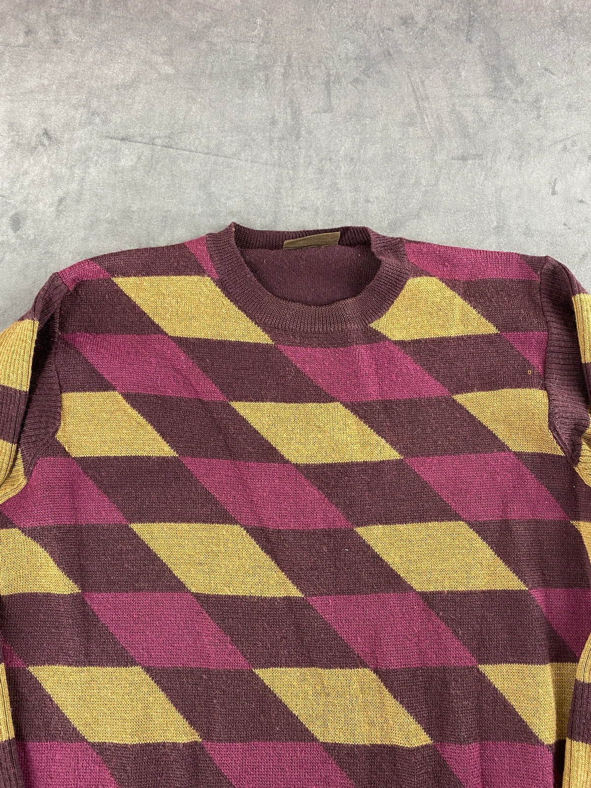 Maglione jacquard geometrico bordeaux e senape Scandinavia vintage – Donna Taglia M