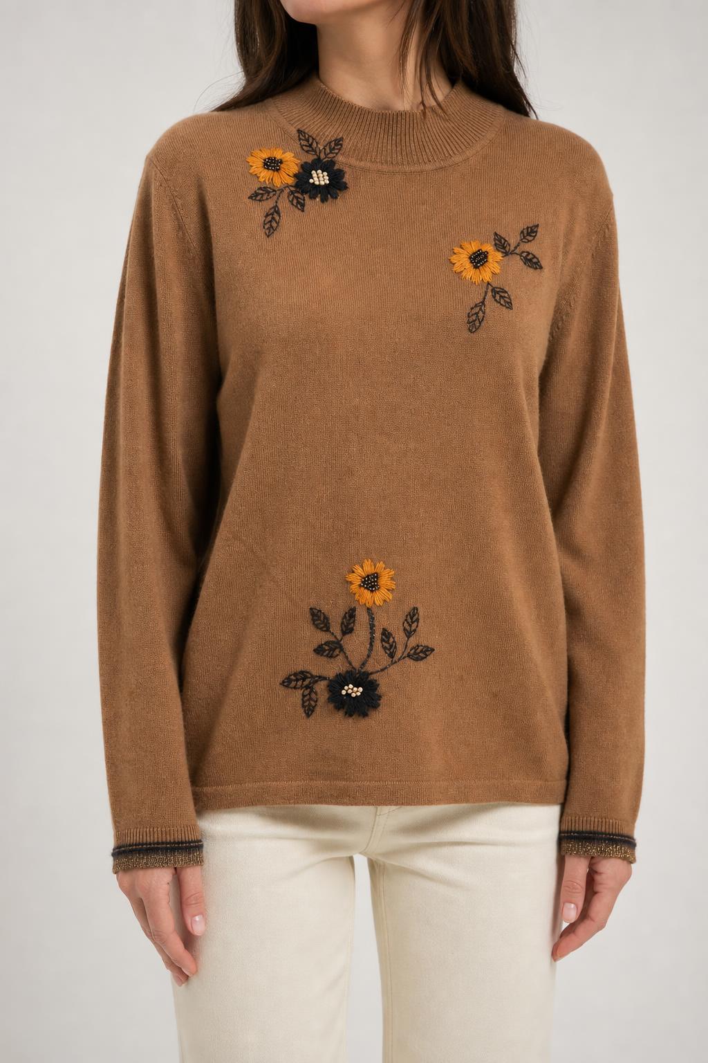 Maglione cammello con ricamo di girasoli Rabe vintage – Donna Taglia L