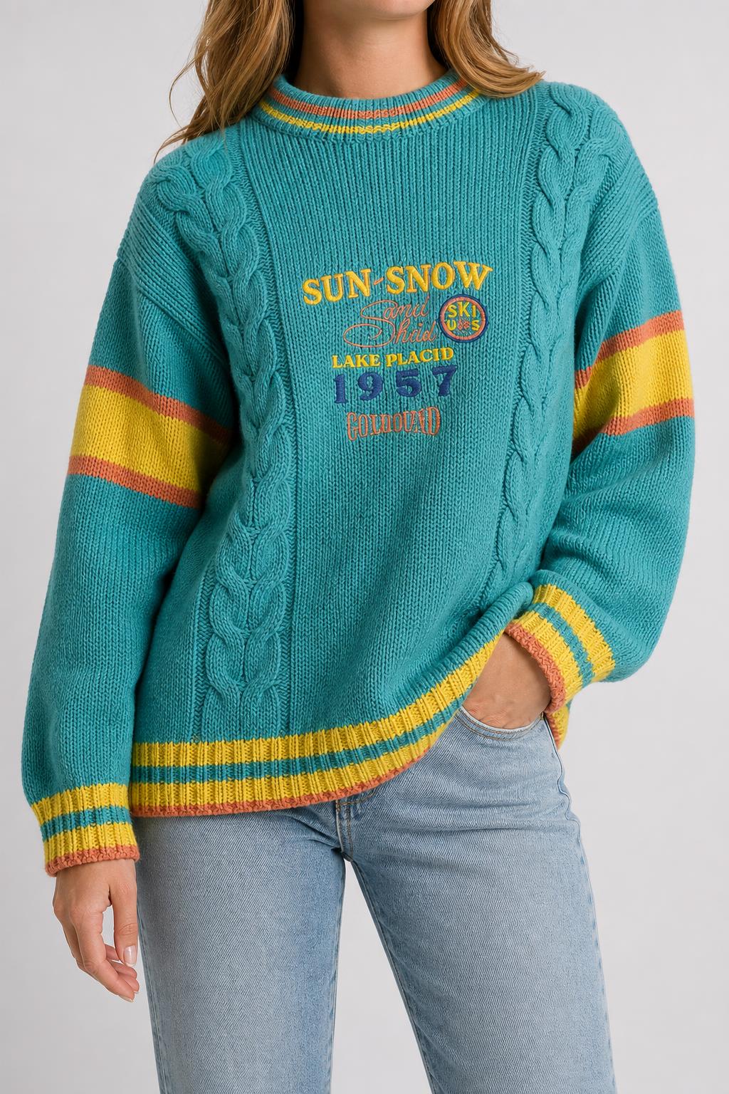 Maglione teal a trecce Sun Snow Lake Placid vintage – Donna Taglia M