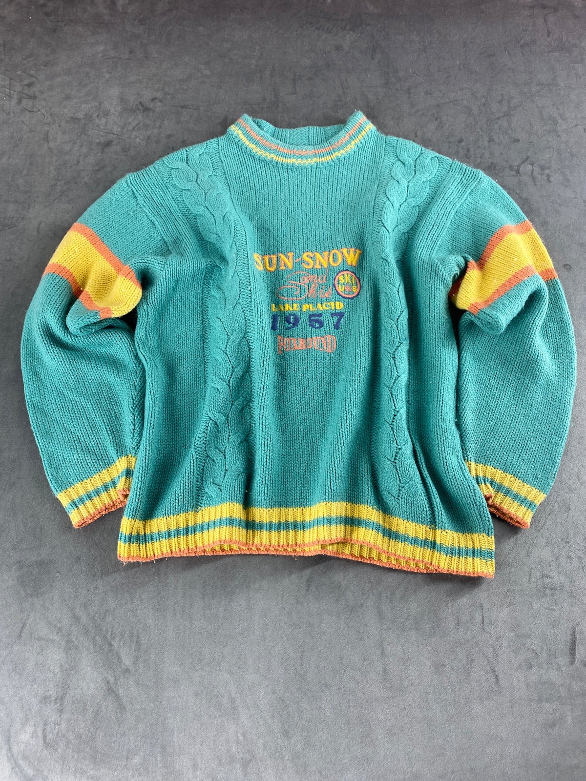 Maglione teal a trecce Sun Snow Lake Placid vintage – Donna Taglia M
