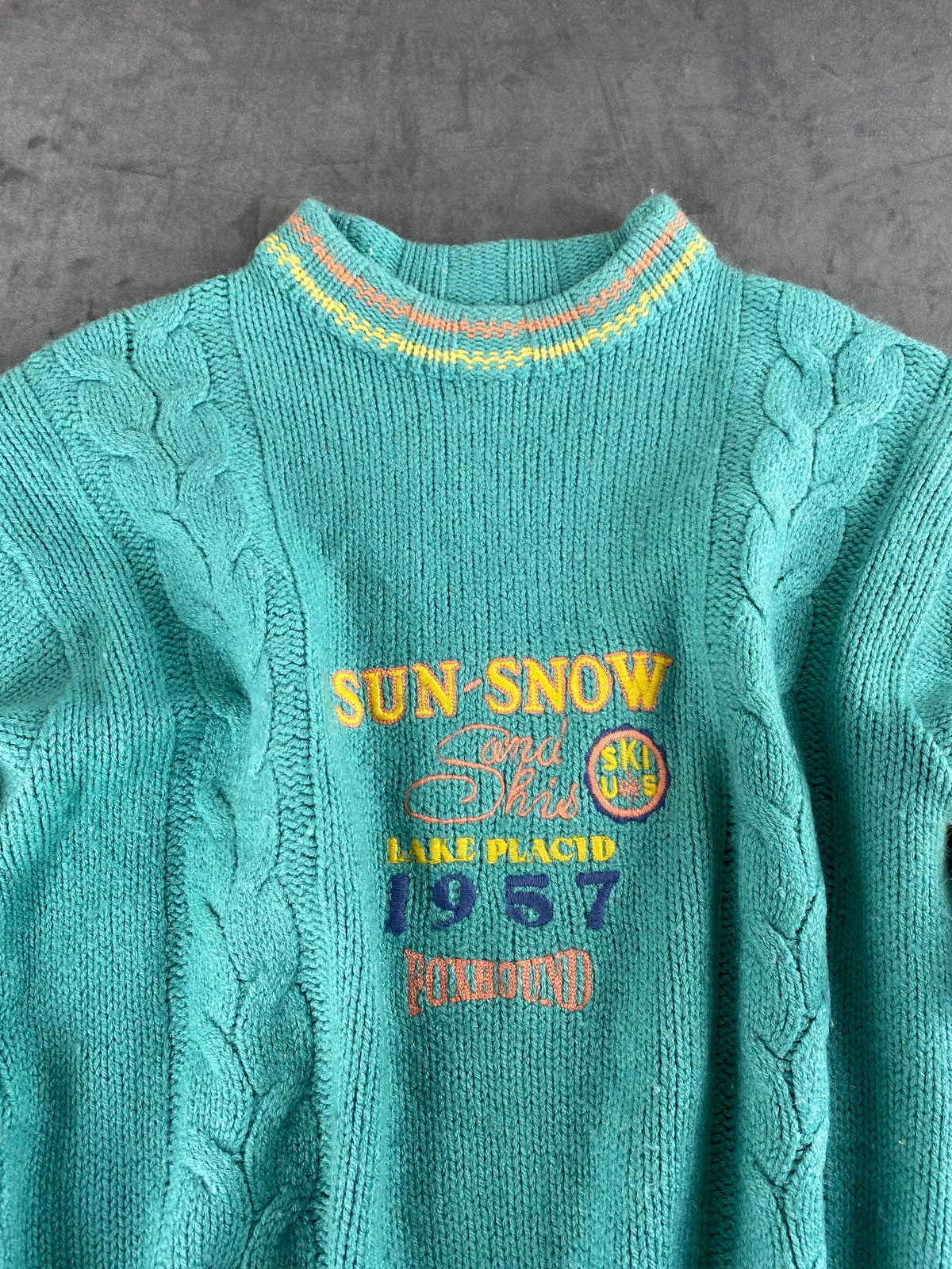 Maglione teal a trecce Sun Snow Lake Placid vintage – Donna Taglia M