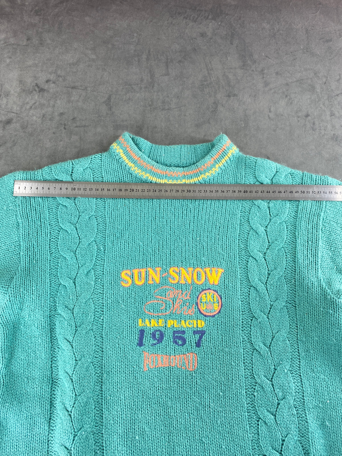 Maglione teal a trecce Sun Snow Lake Placid vintage – Donna Taglia M