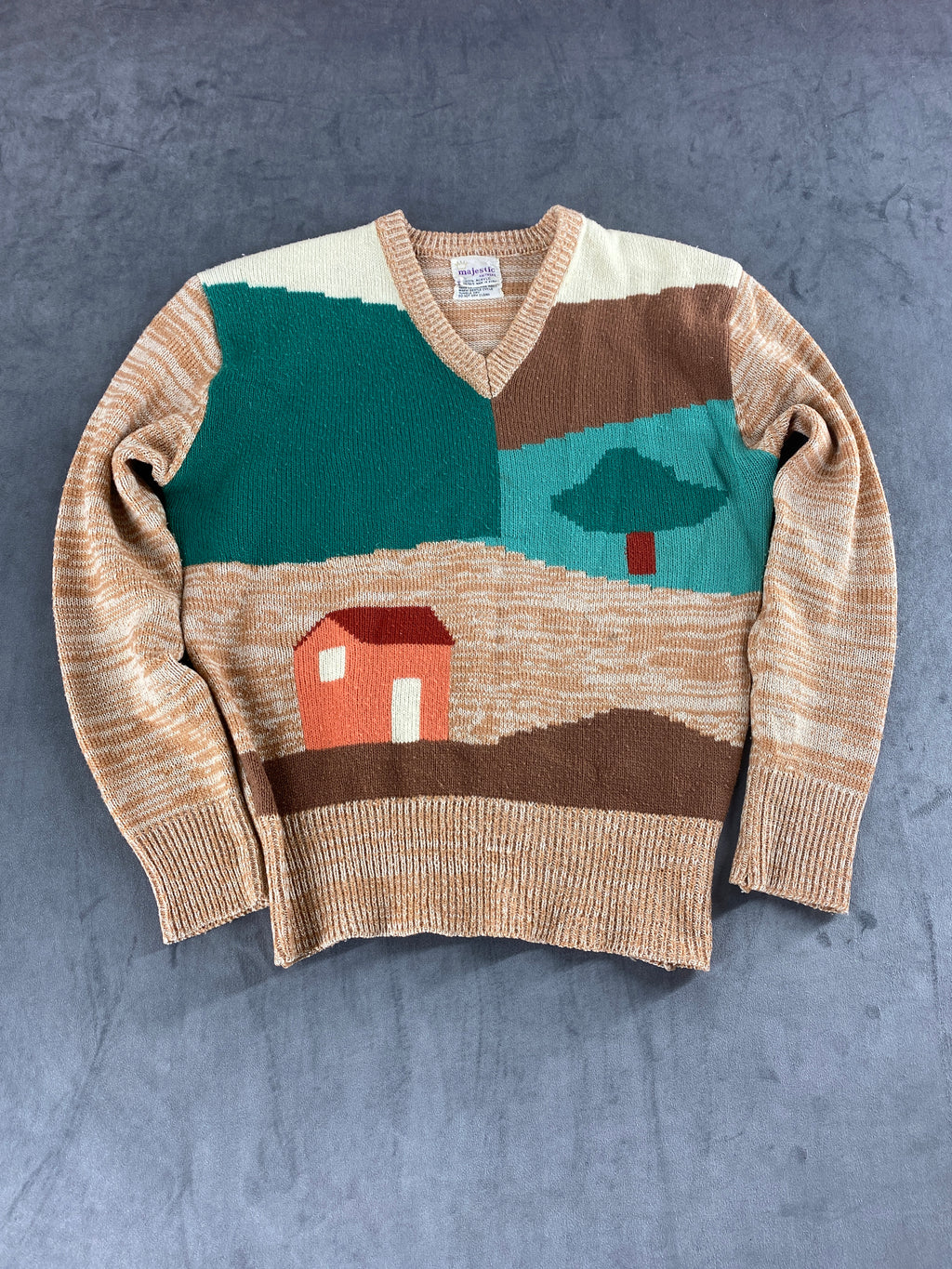 Maglione scollo a V a fantasia paesaggio Majestic vintage – Donna Taglia M