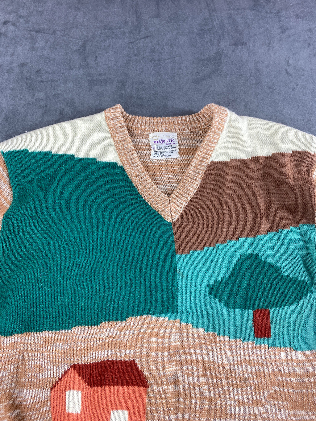 Maglione scollo a V a fantasia paesaggio Majestic vintage – Donna Taglia M