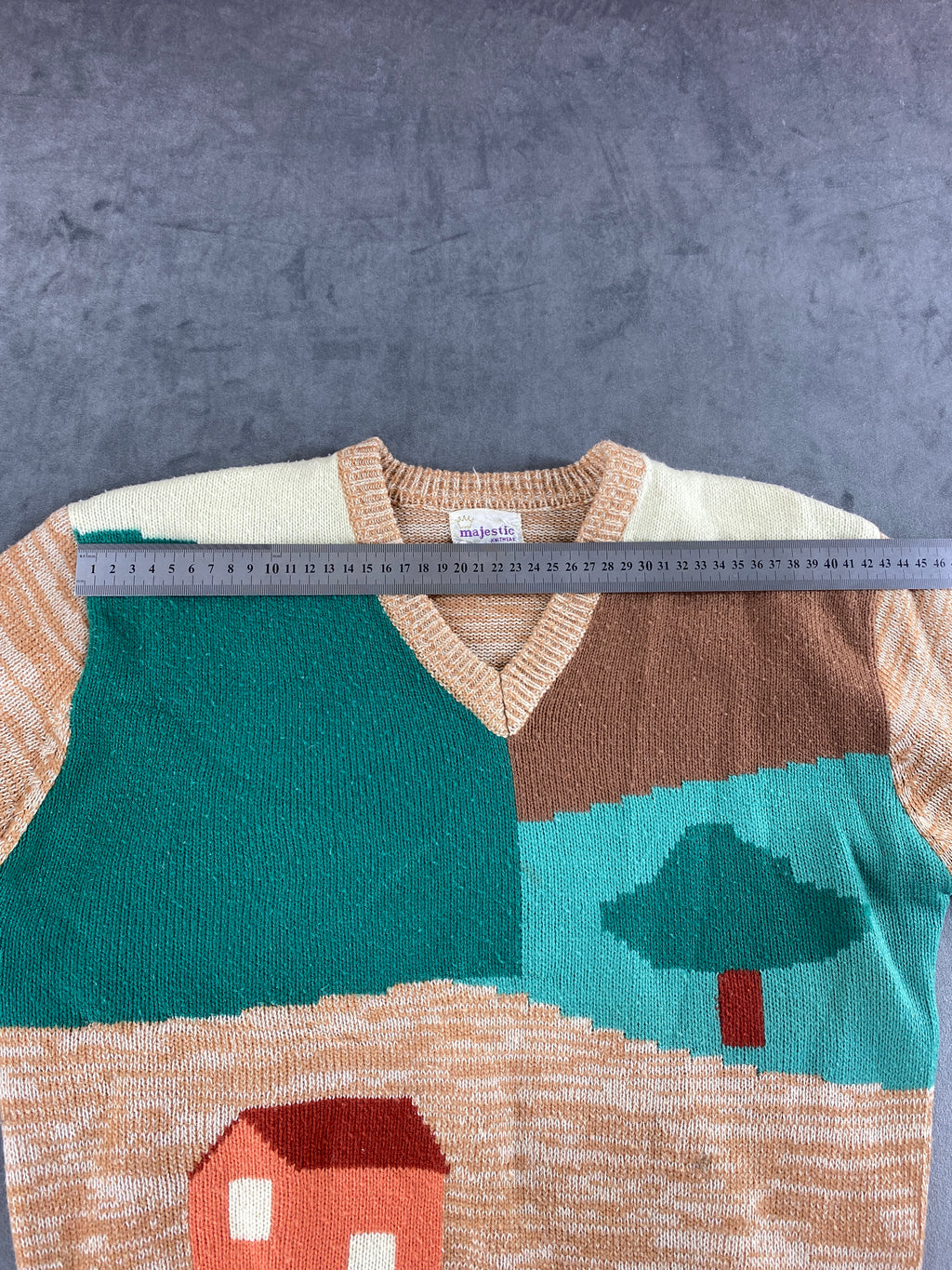 Maglione scollo a V a fantasia paesaggio Majestic vintage – Donna Taglia M