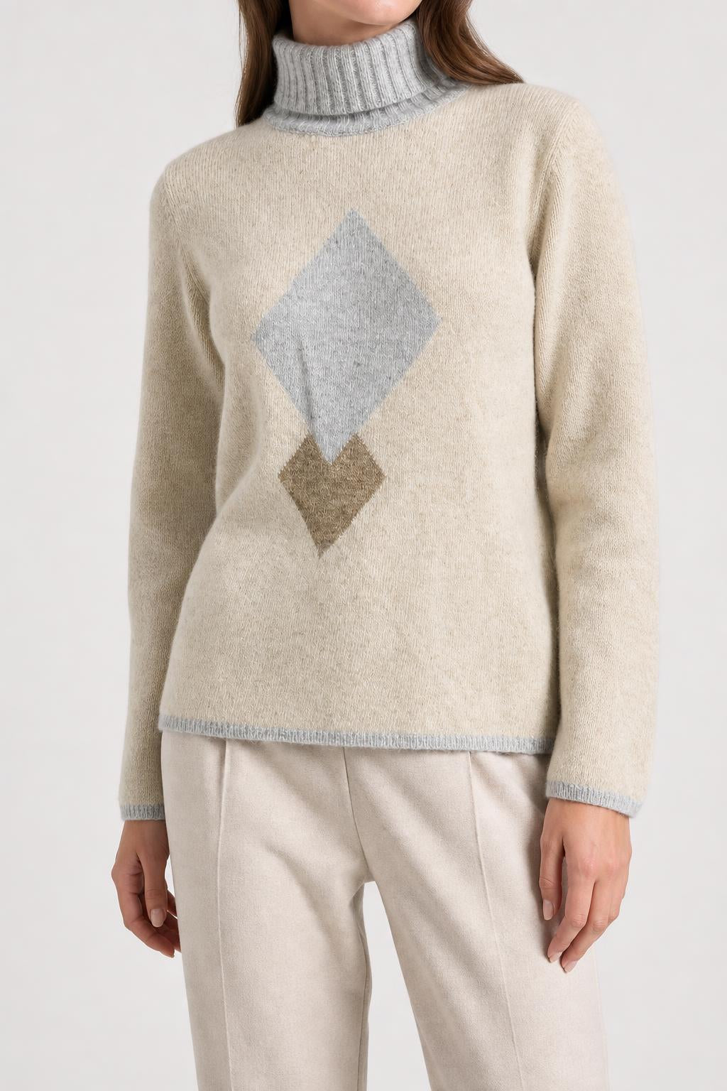 Maglione lupetto panna con rombo in lana merino e angora vintage – Donna Taglia XL