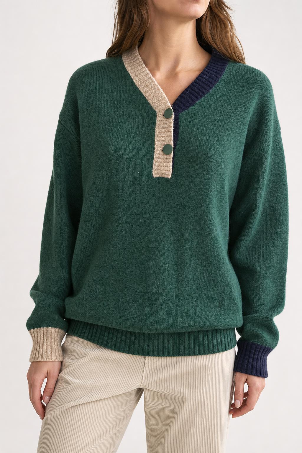 Maglione henley verde con profili panna Gigolo vintage – Donna Taglia L (IT 44)