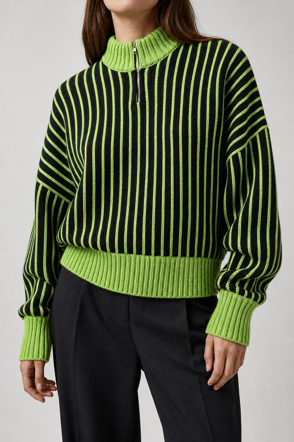 Maglione a coste verde lime e nero con zip vintage – Donna Taglia M