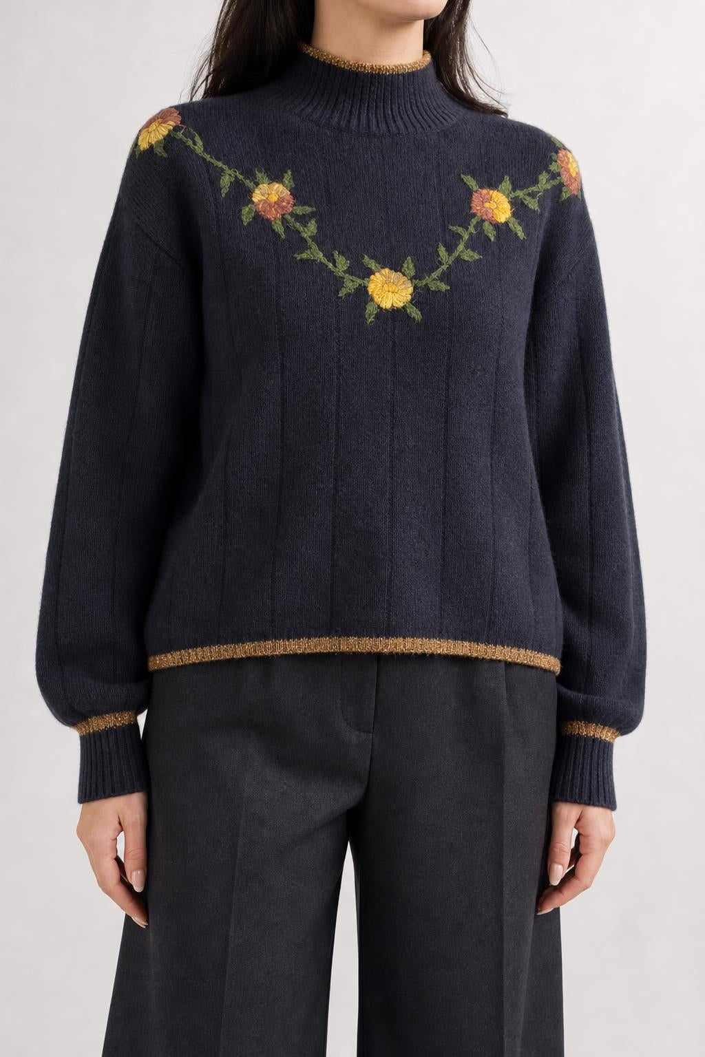 Maglione blu navy con ricamo floreale vintage – Donna Taglia M