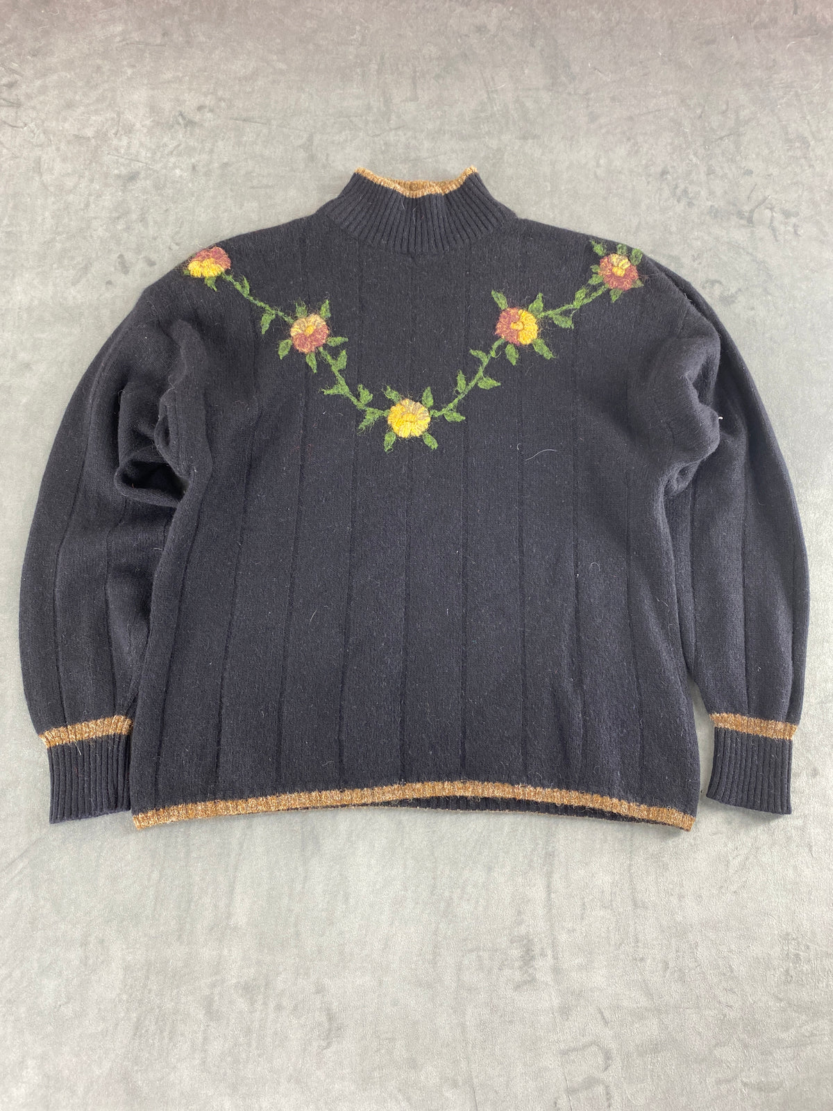 Maglione blu navy con ricamo floreale vintage – Donna Taglia M