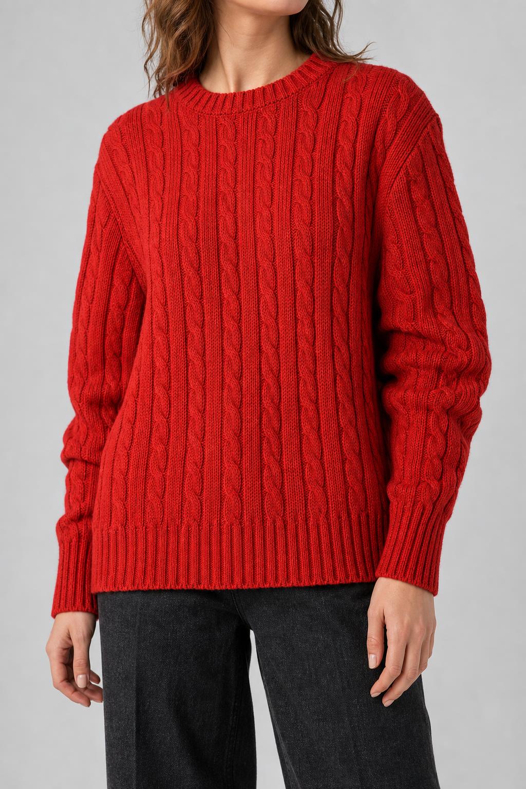 Maglione a trecce rosso in lana Shetland Orkney vintage – Donna Taglia L