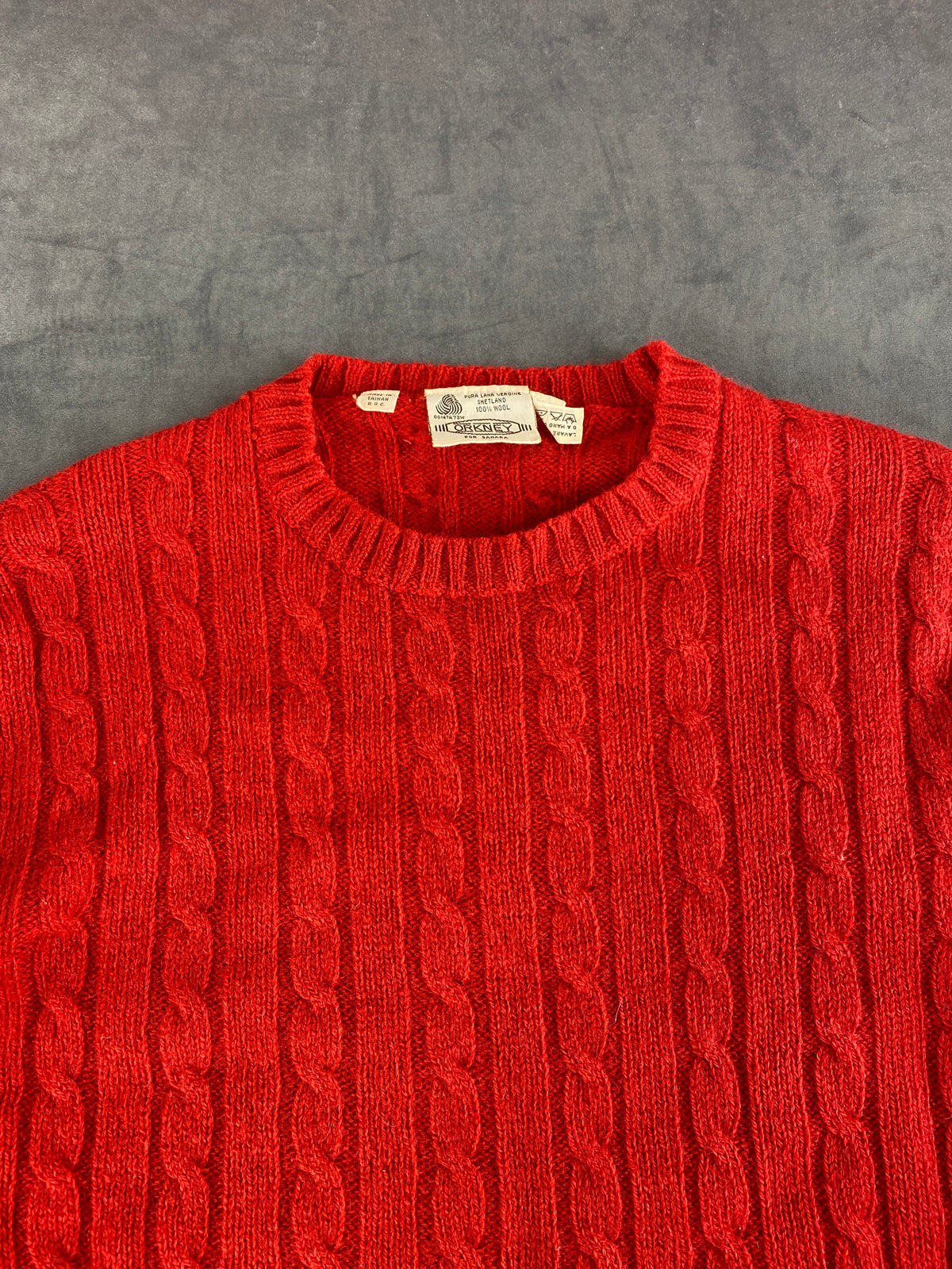 Maglione a trecce rosso in lana Shetland Orkney vintage – Donna Taglia L