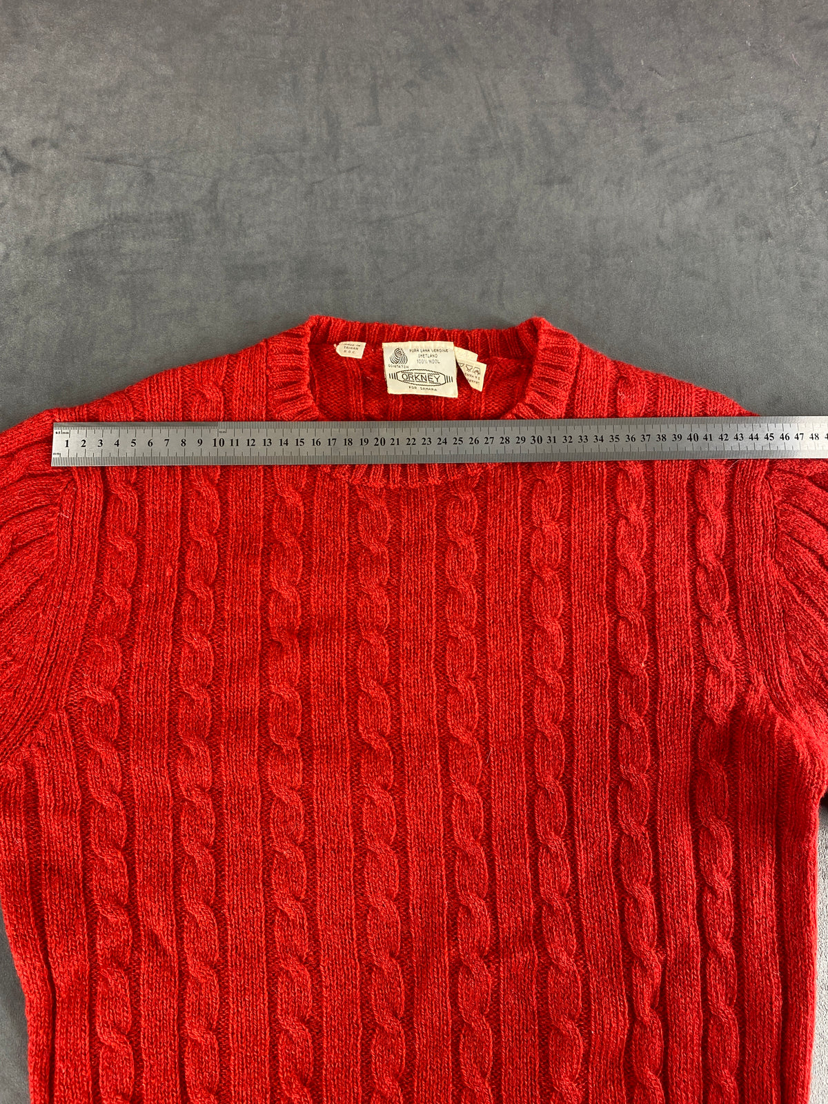 Maglione a trecce rosso in lana Shetland Orkney vintage – Donna Taglia L