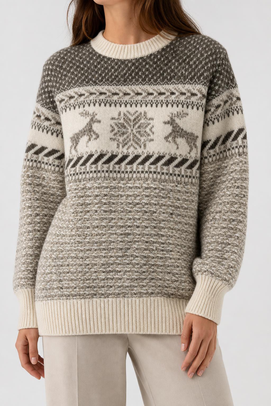 Maglione norvegese con renne panna e grigio Geiger vintage – Donna Taglia L