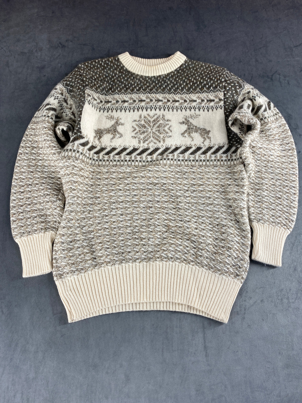 Maglione norvegese con renne panna e grigio Geiger vintage – Donna Taglia L