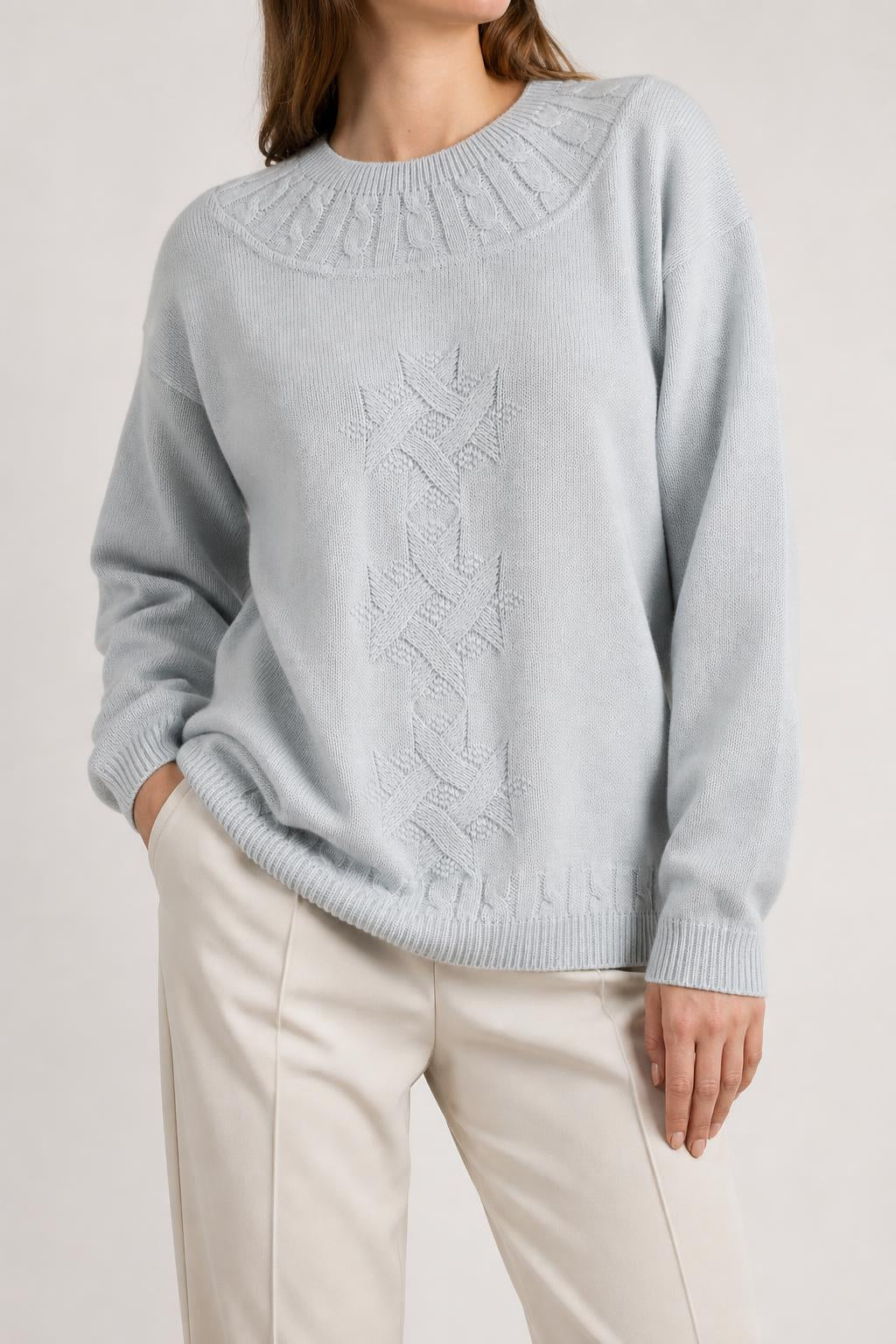 Maglione azzurro polvere lavorato Topazio vintage – Donna Taglia M