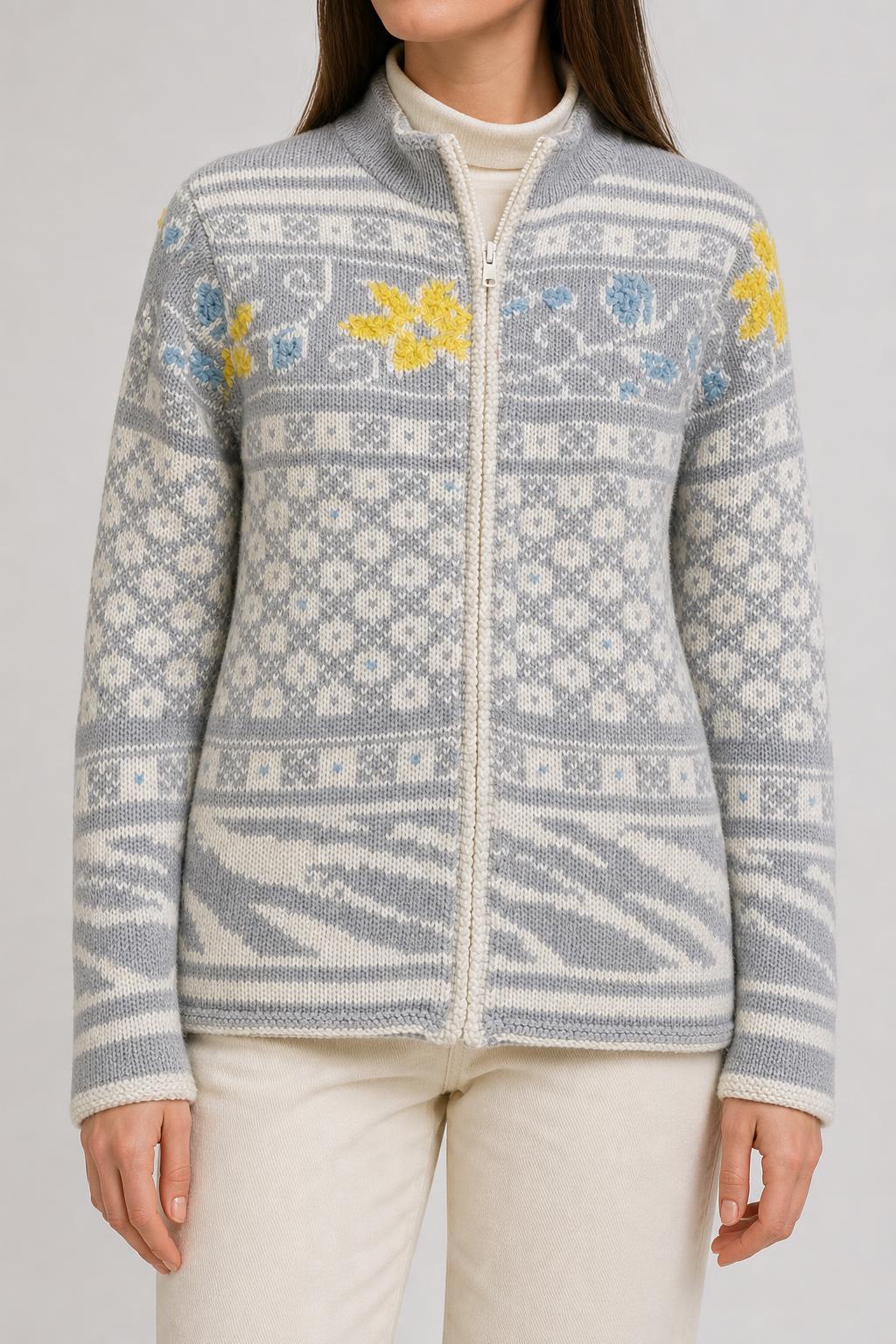 Cardigan norvegese floreale grigio e panna J*S Hand Knit vintage – Donna Taglia M