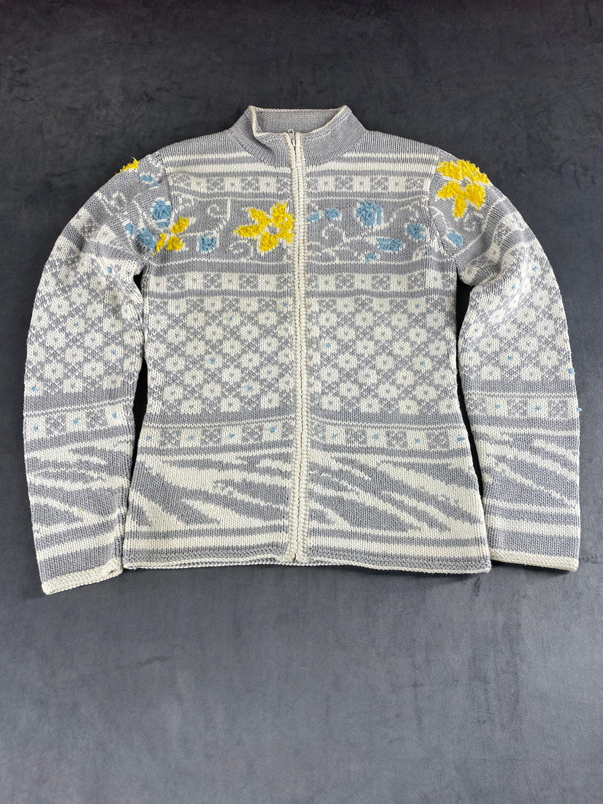 Cardigan norvegese floreale grigio e panna J*S Hand Knit vintage – Donna Taglia M