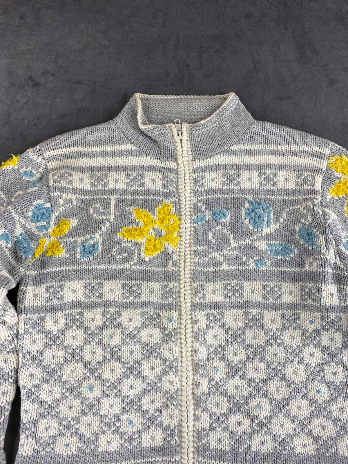 Cardigan norvegese floreale grigio e panna J*S Hand Knit vintage – Donna Taglia M